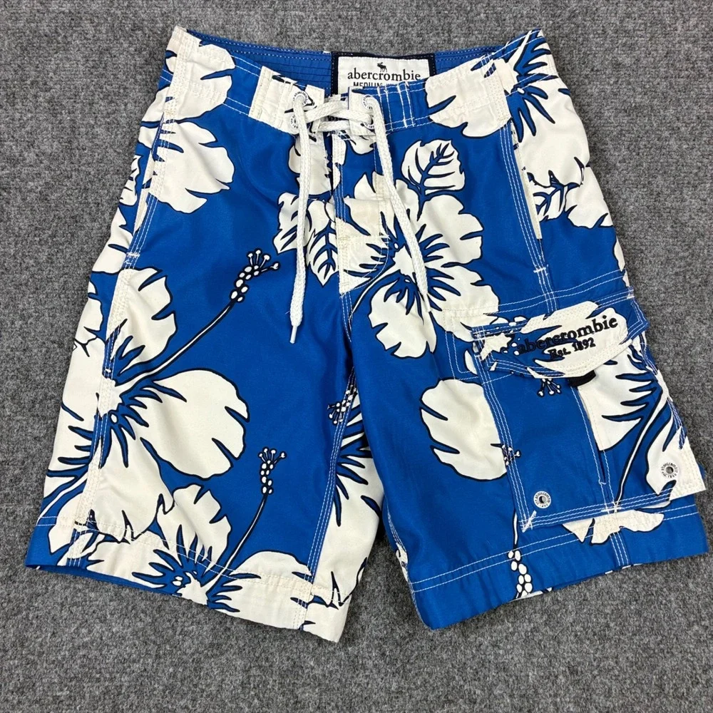Abercrombie Mens Size Medium Blue White Floral Hibiscus Board Shorts Swim Trunks